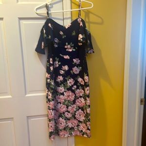 NWT Premier Amour pink and blue print floral sheath midi with ruffle, size 10.